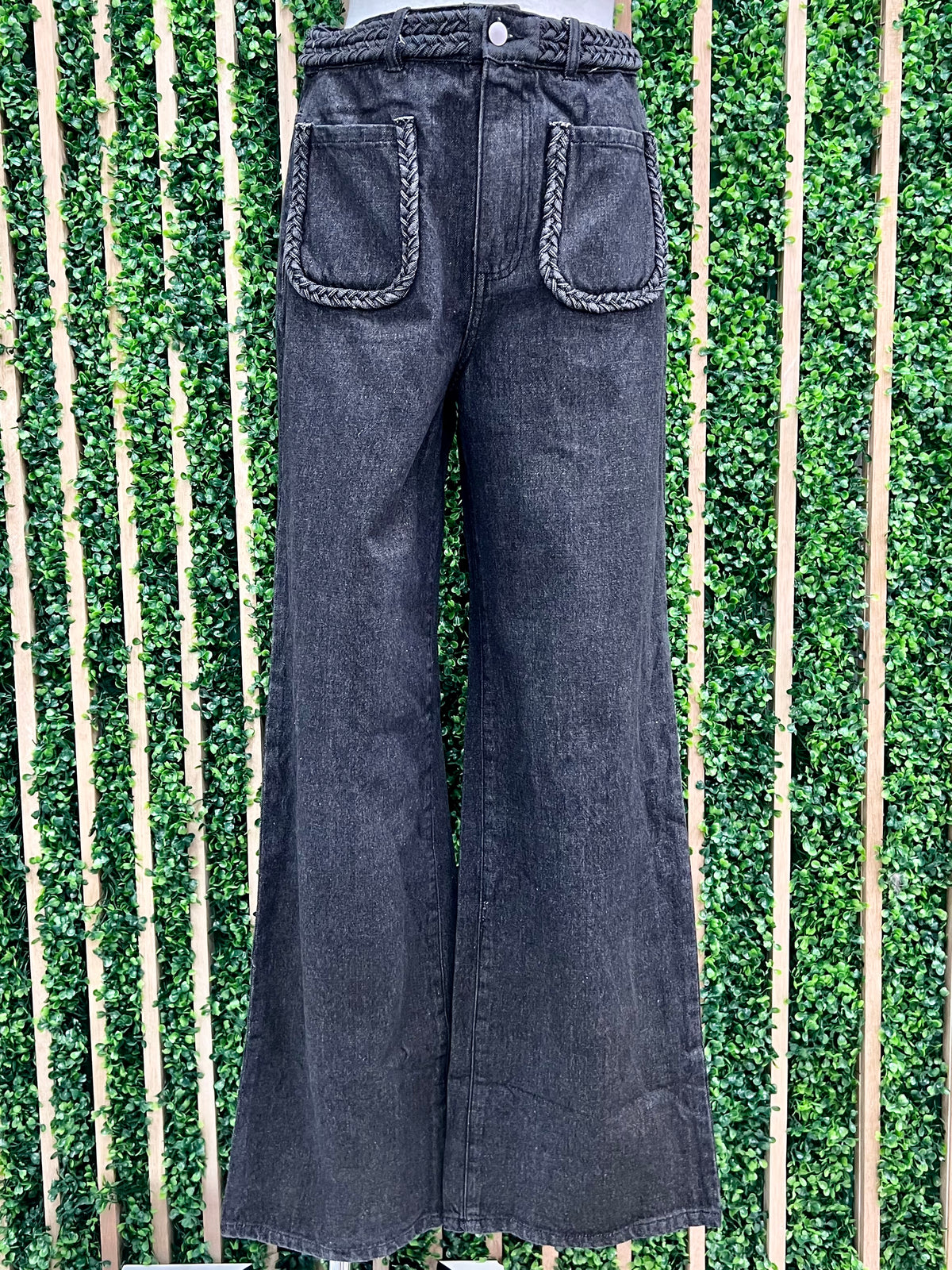 Black Braid Detail Straight Leg Denim Pants