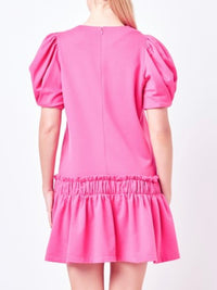 Delicate Pink Balloon Sleeve Ruched Dropwaist Short Dress