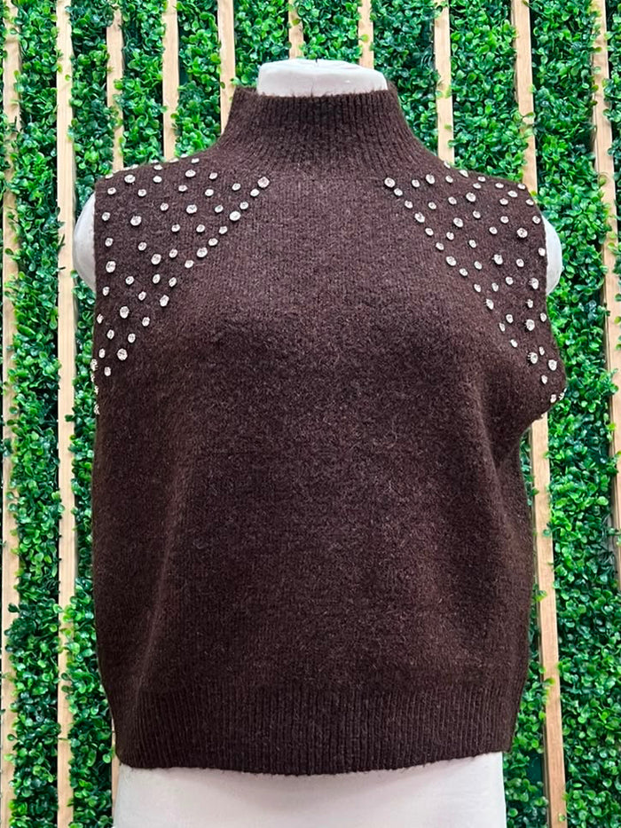 Chocolate Rhinestone Mock Neck Sweater Vest