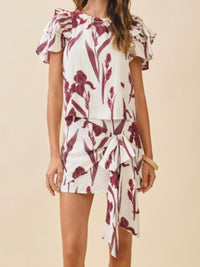 Burgundy Floral Print Front Tie Short Skirt
