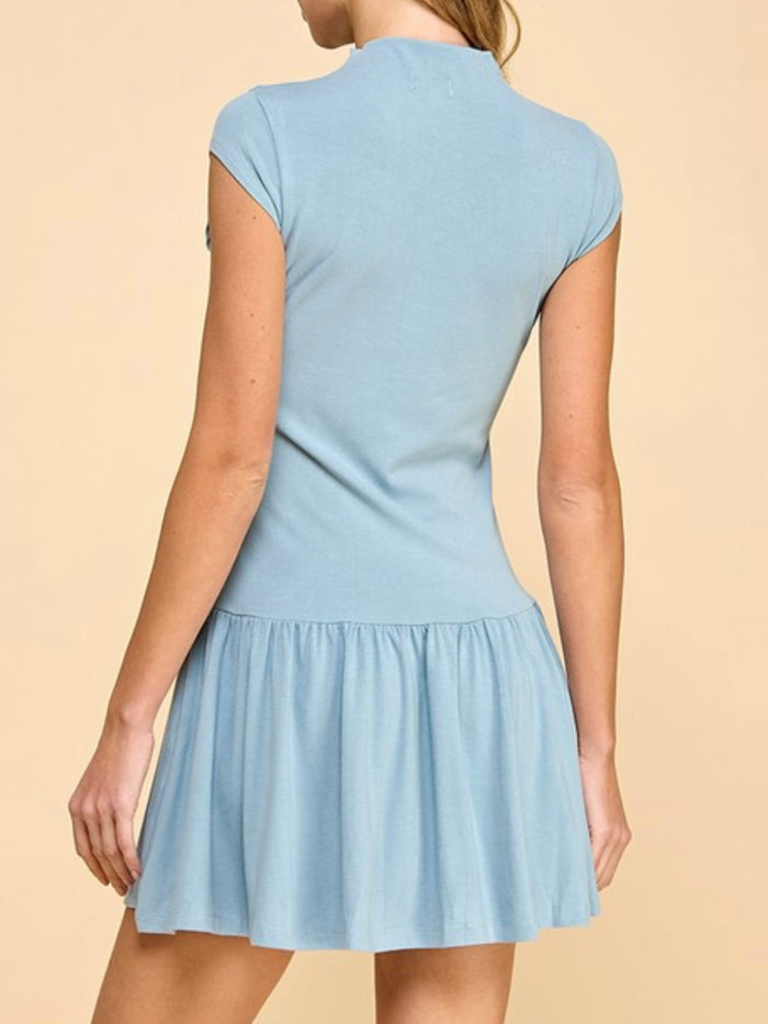 Light Blue Mock Neck Drop Waist Short dress