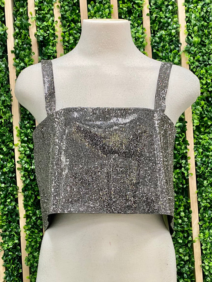 Black Silver Crystal Crop Top