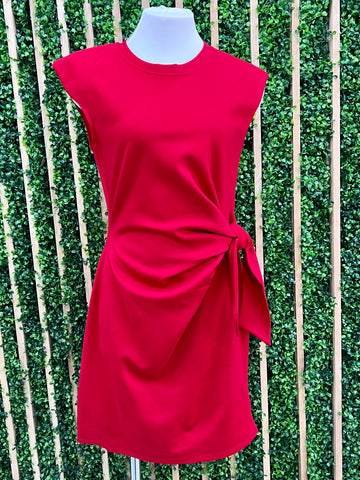 Fuchsia Red Balloon Sleeve Waisted Midi Dress