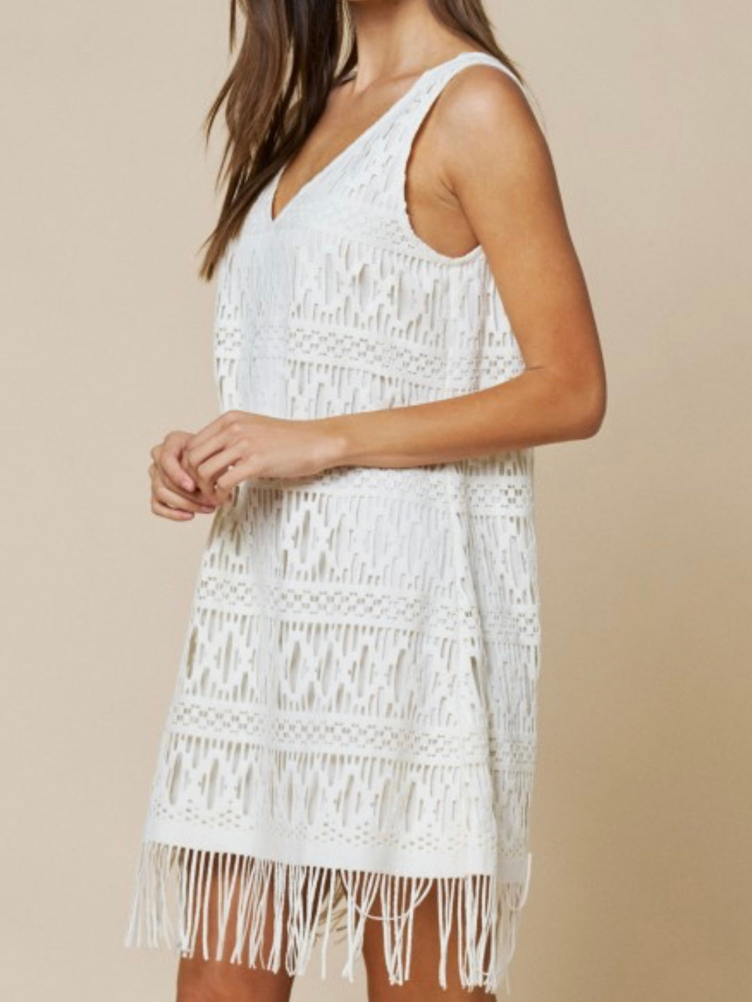 White Fringe Crochet Cover-Up Dress