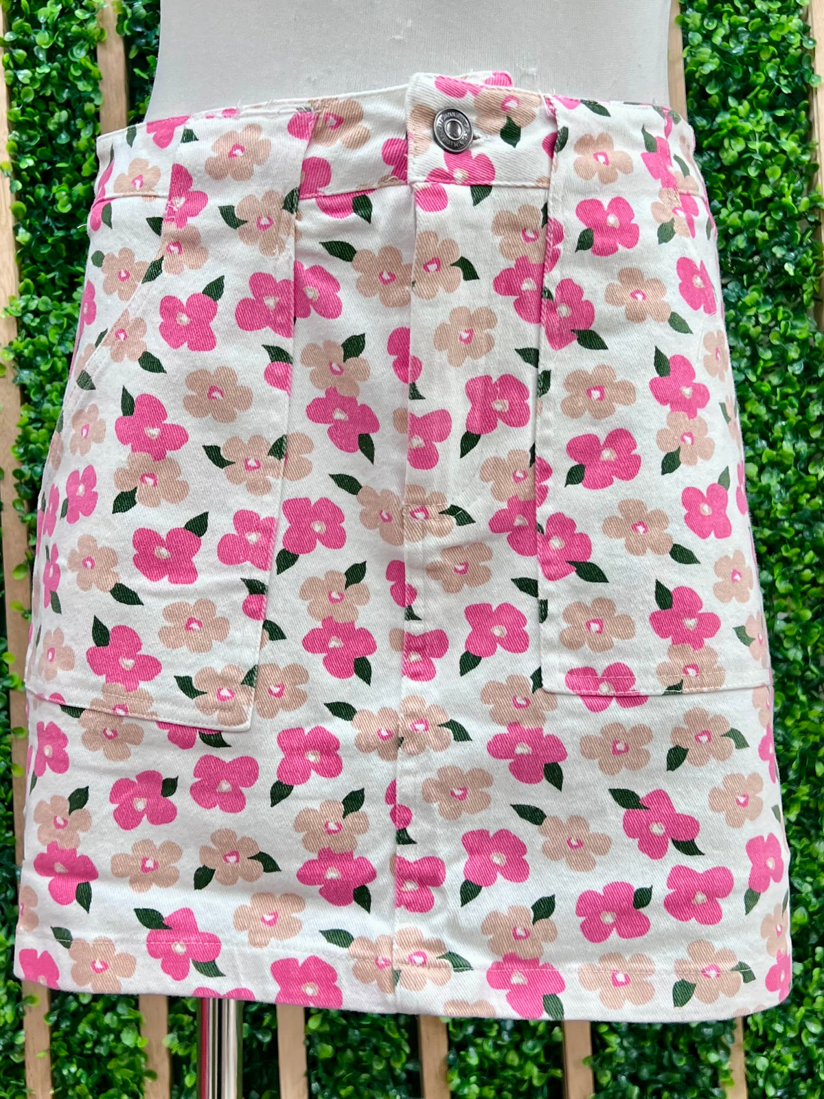 Pink Floral Print Cargo Skirt