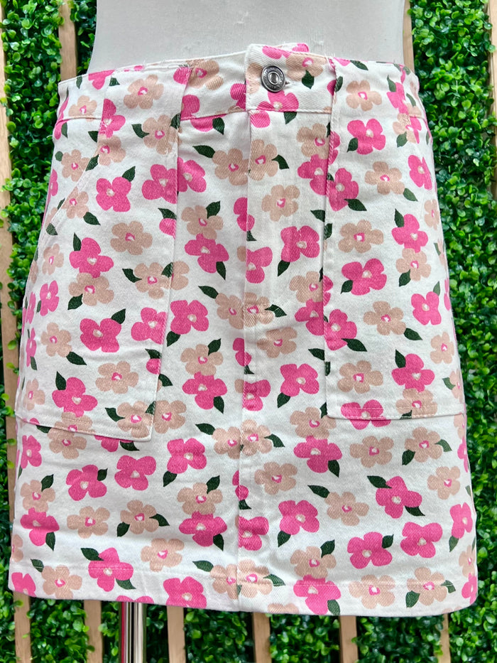 Pink Floral Print Cargo Skirt