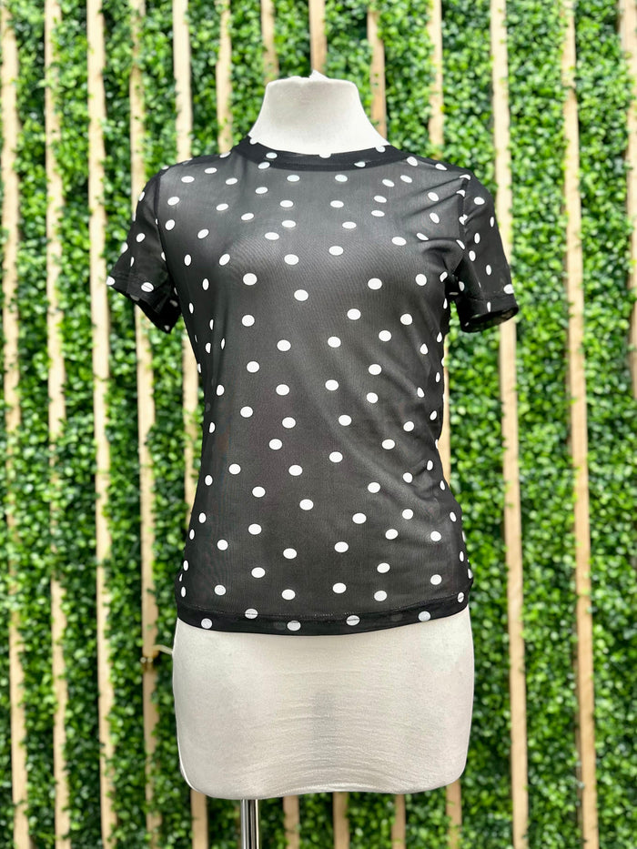 Short Sleeve Mesh Polka Dot Top