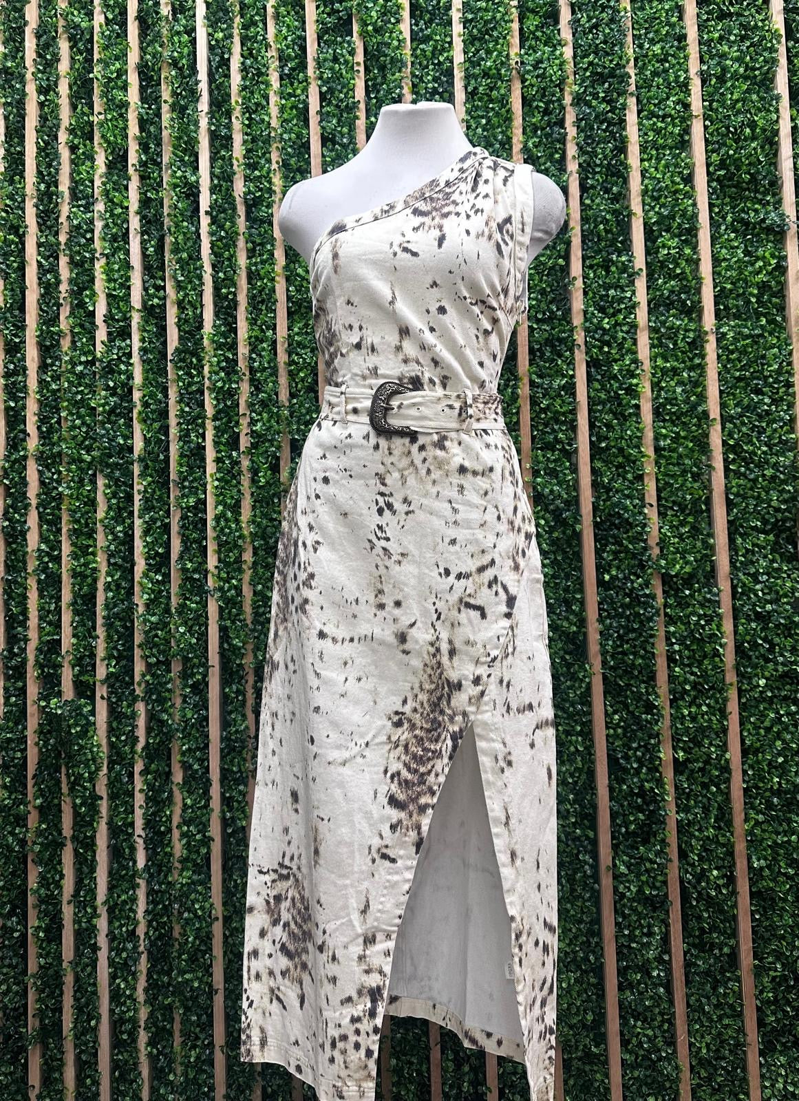 Ivory Brown Midi Printed One Shoulder Western Belted Dress