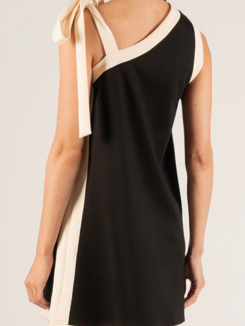 Black Egg Shell Contrast One Shoulder Dress