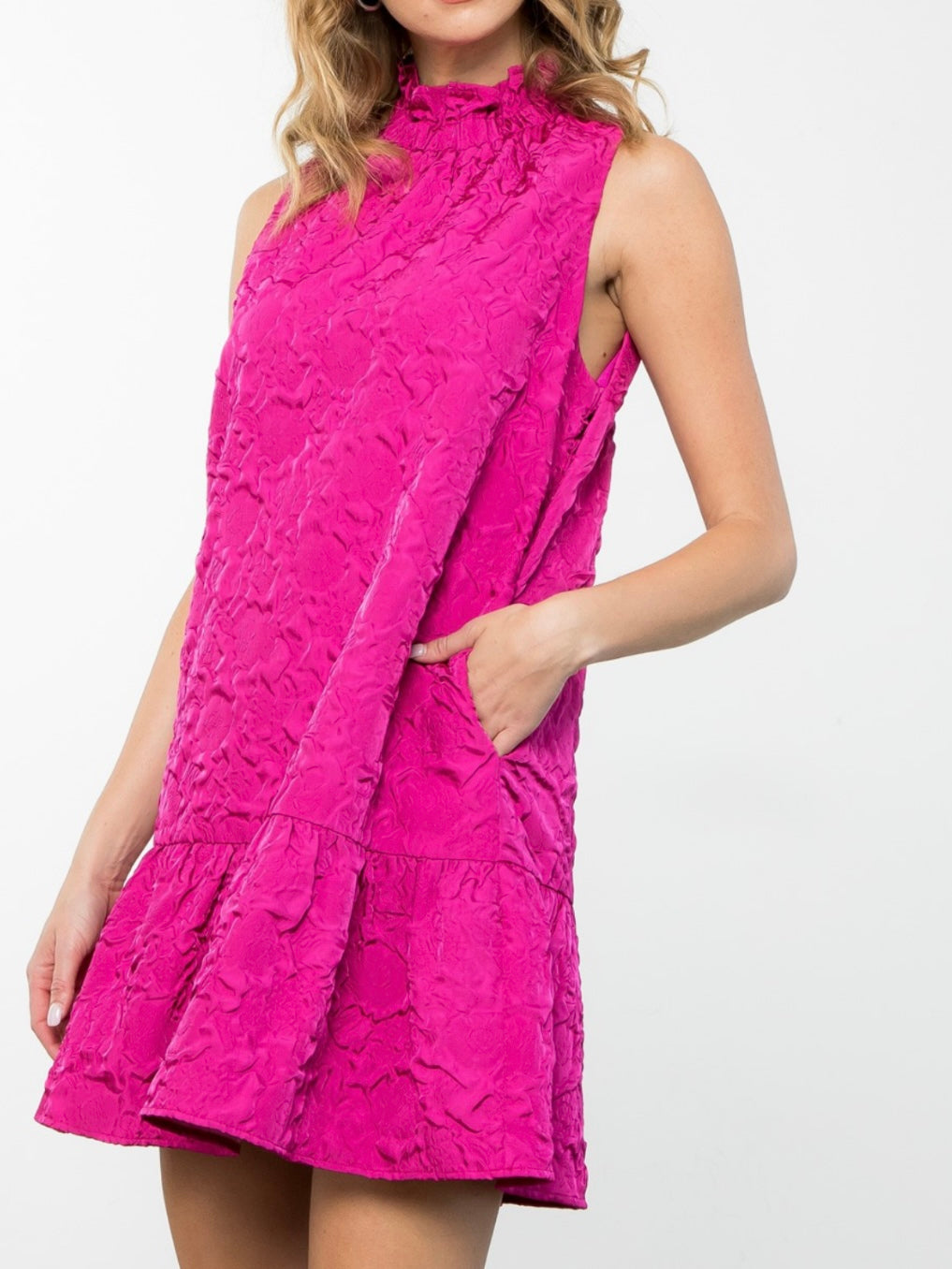 Dressy Magenta Textured High Neck Sleeveless Dress