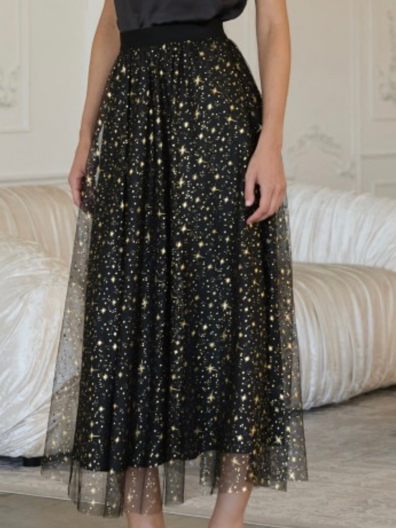 Black Gold Stars Mesh Midi Skirt