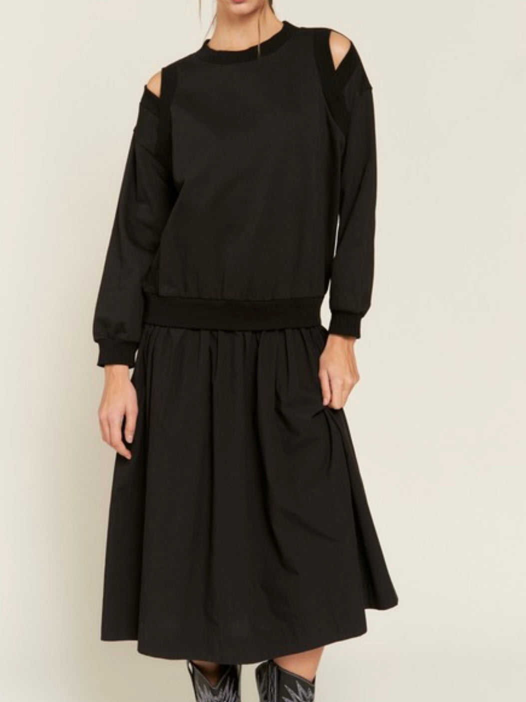 Black Cutout Shoulder Sweater Midi Dress