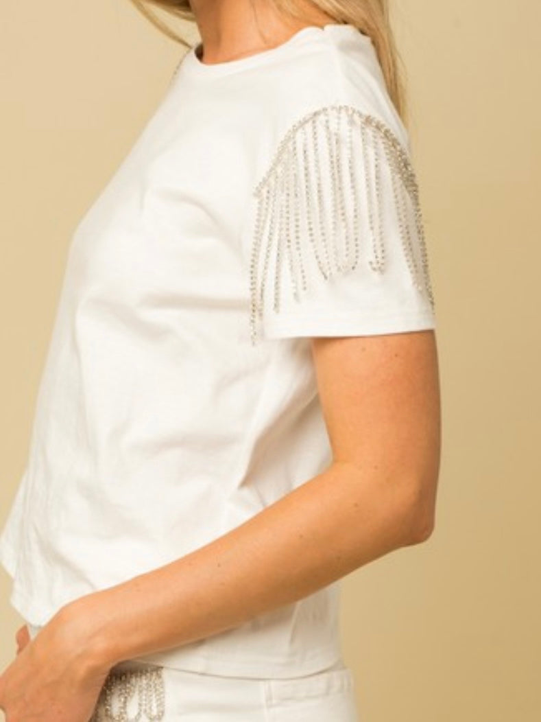 White Rhinestone Fringe T Shirt