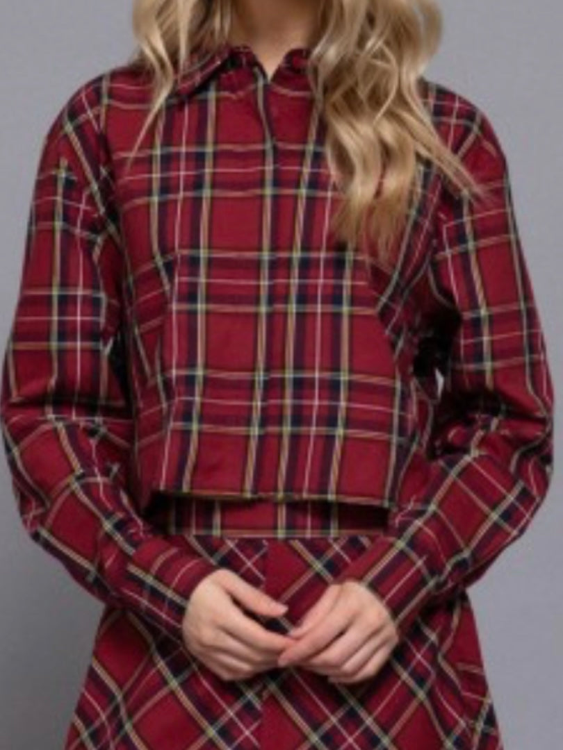 Red Plaid Cropped Button-Up Shirt
