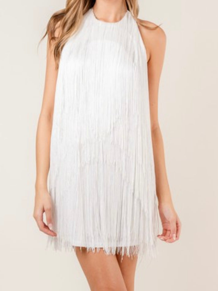 White Halter Fringe Detail HalterShort Dress