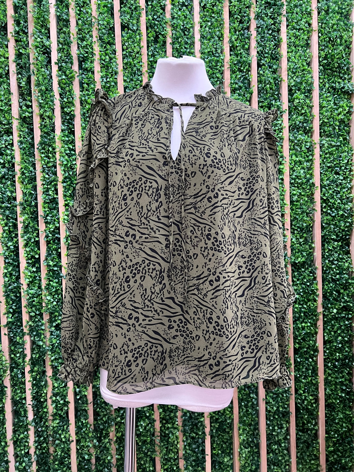 Olive Leopard Balloon Sleeve Blouse