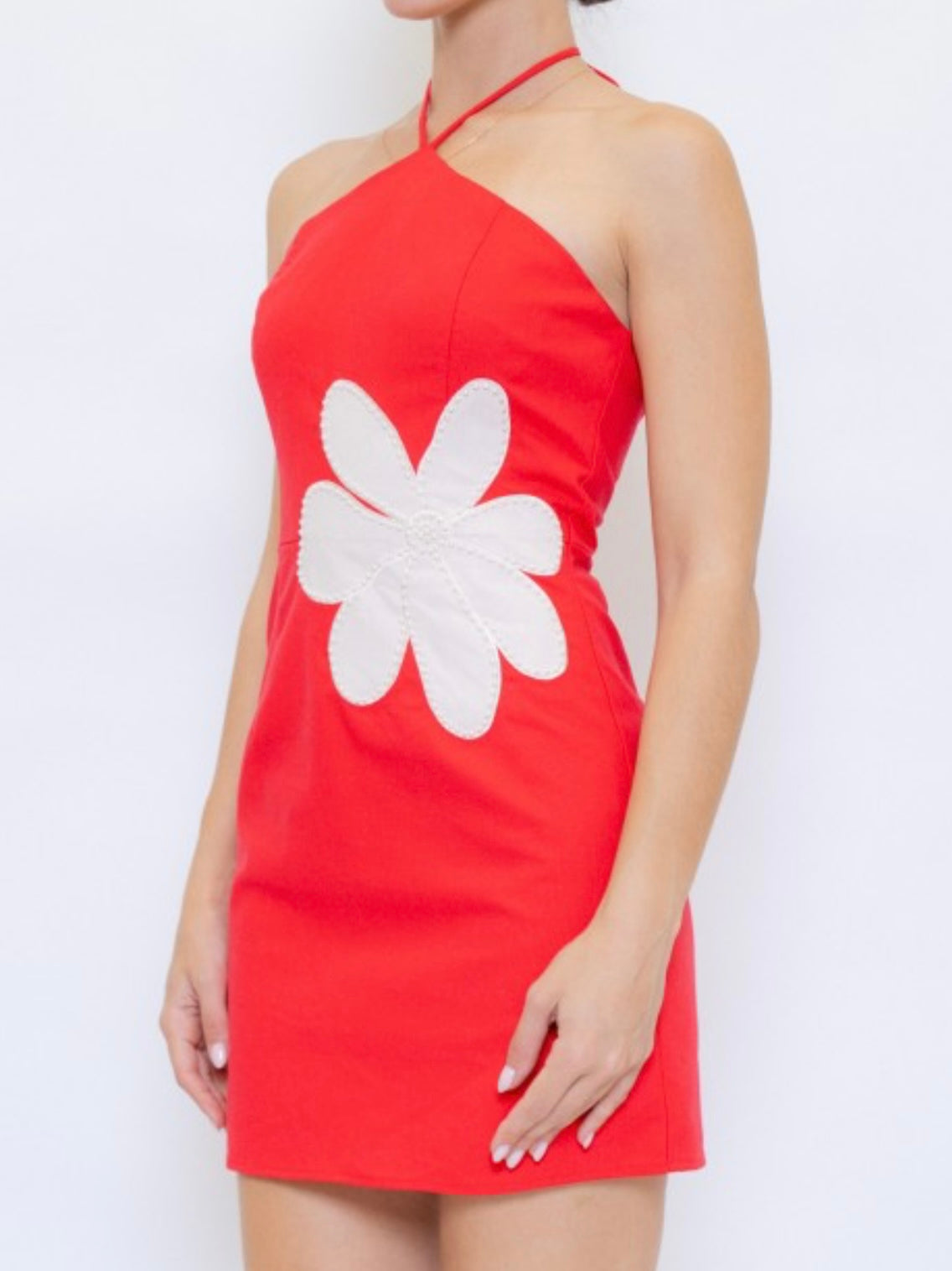 Red Floral Halter Mini Dress – Statement Summer Dress