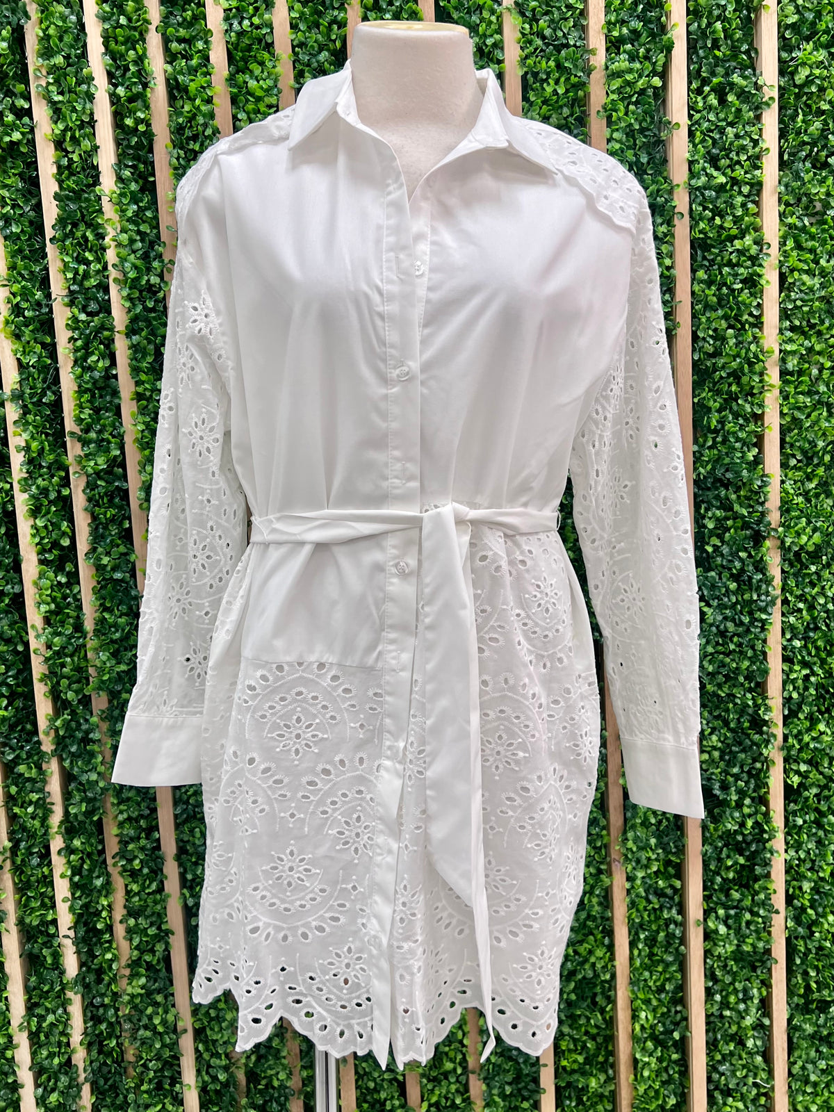 White Eyelet Detail Straight Blouse Dress