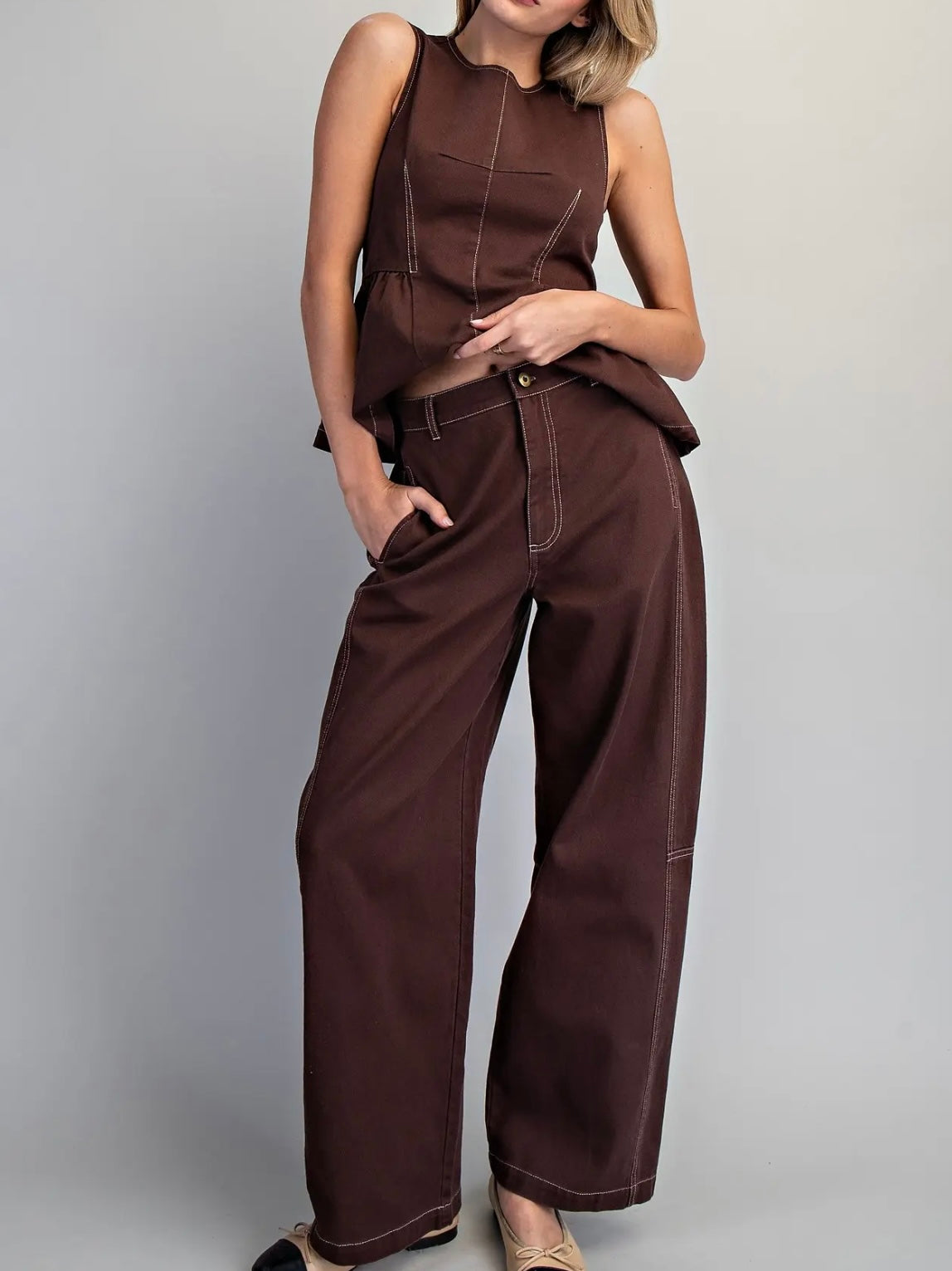 Oak Brown Stitch Detail Barrel Pant
