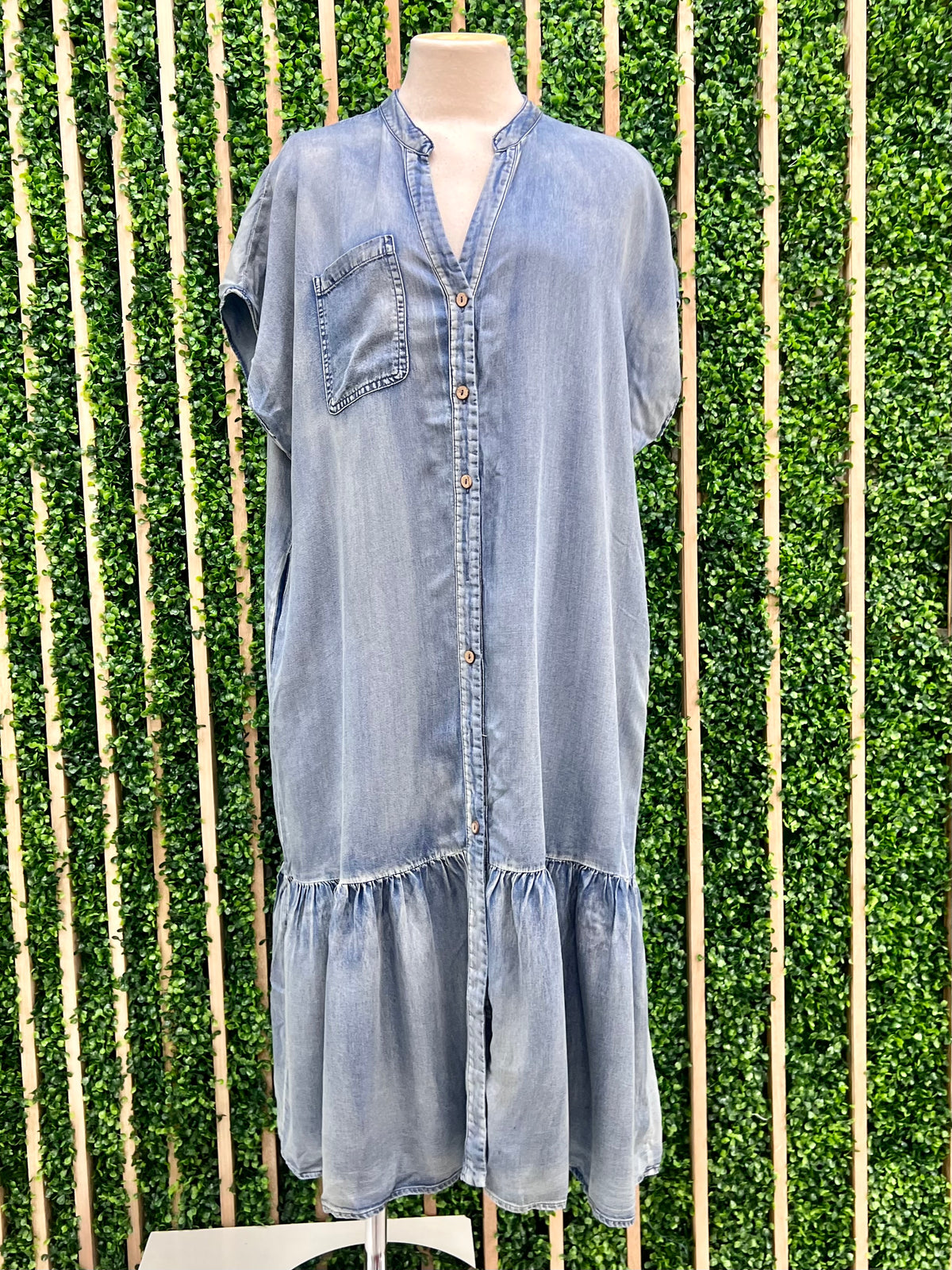 Washed Denim V Neck Tiered Maxi Dress