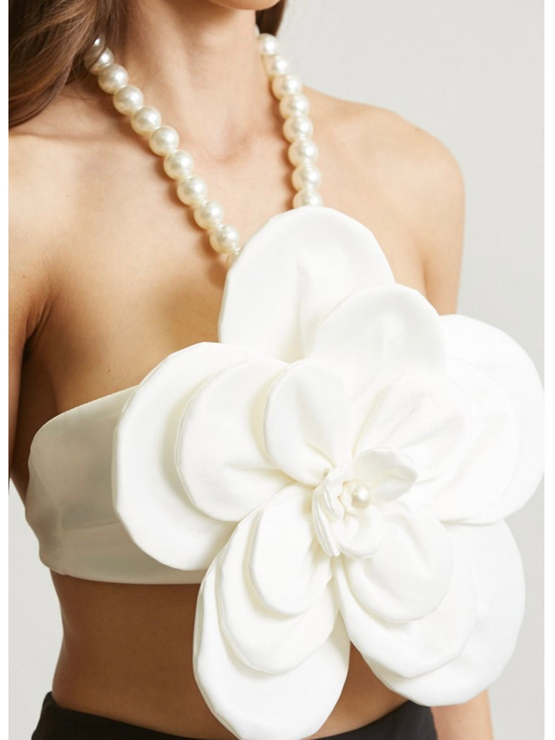 Exquisite Ivory Pearl Detail Flower Halter Top