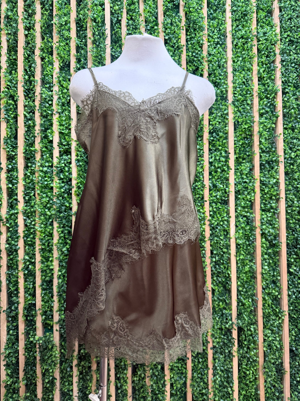 Olive Satin Lace Trim Elastic Waist Mini Skirt