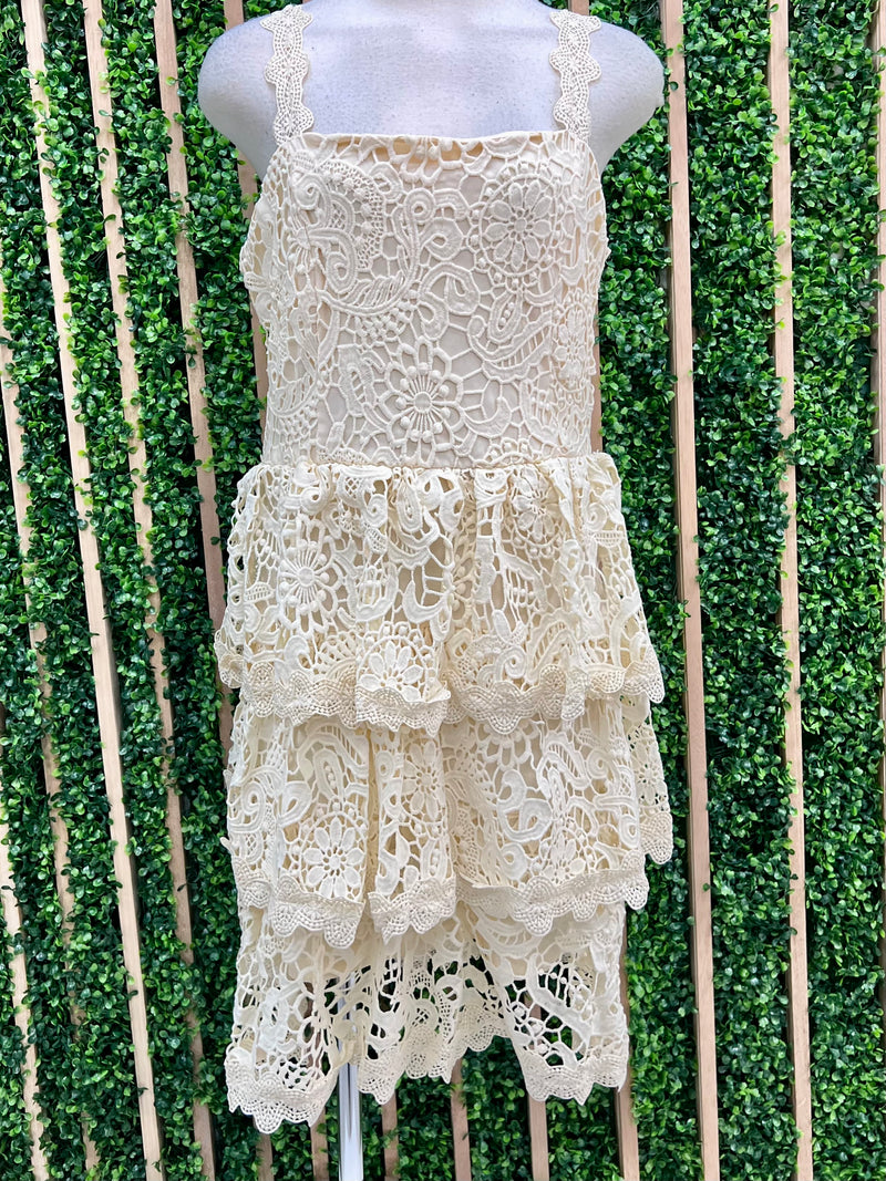 Beige Lace Sleeveless Tiered Short Skirt Dress