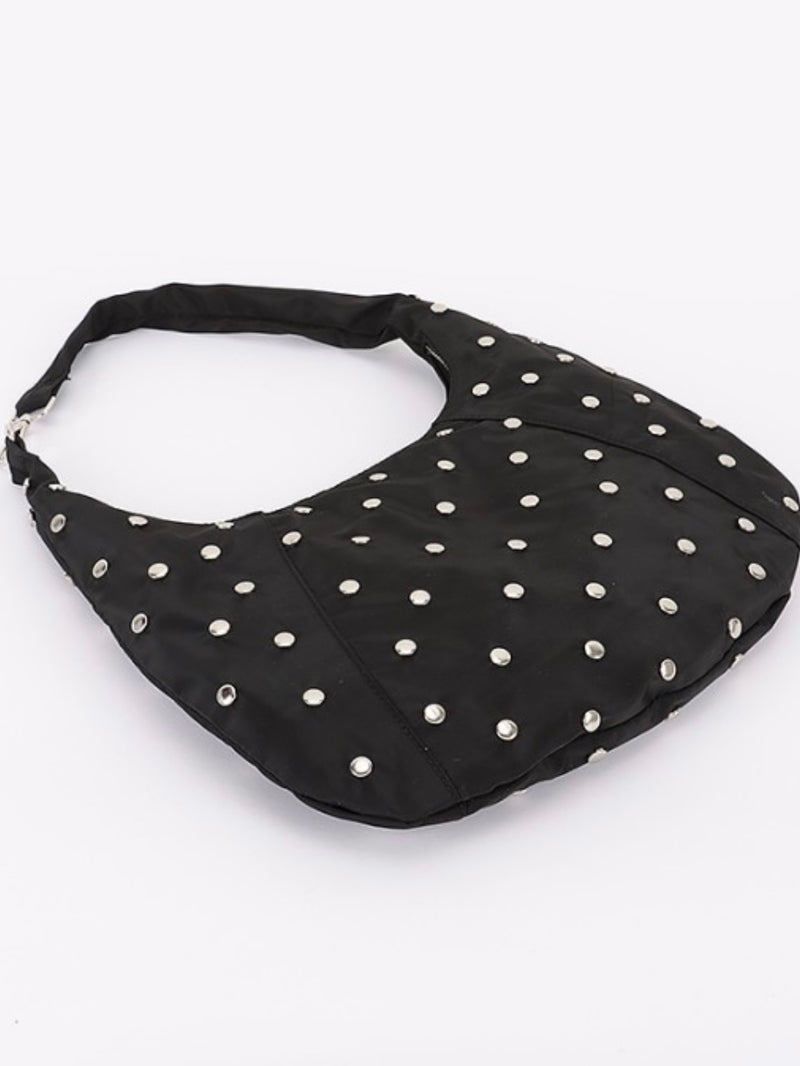 Black Nylon Studded Hobo Bag