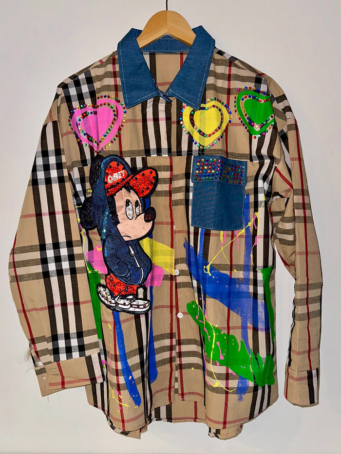 Khaki Plaid Mickey Embroidered Patch  Long Blouse