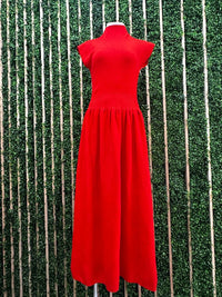 Red High Neck Knitted A Line Midi Dress