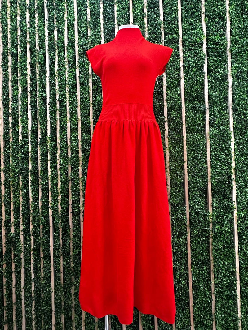 Red High Neck Knitted A Line Midi Dress