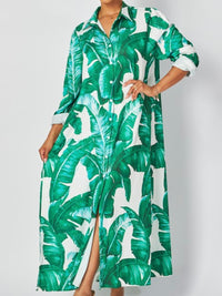 Green Tropical Leaves Blouse Midi Dress