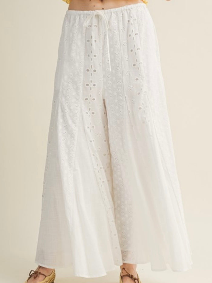 White Eyelet Mixed Tiered Wide Leg Pant