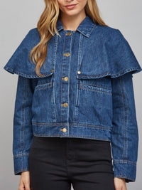 Dark Wash Denim Jacket with Cape Shoulder Overlay