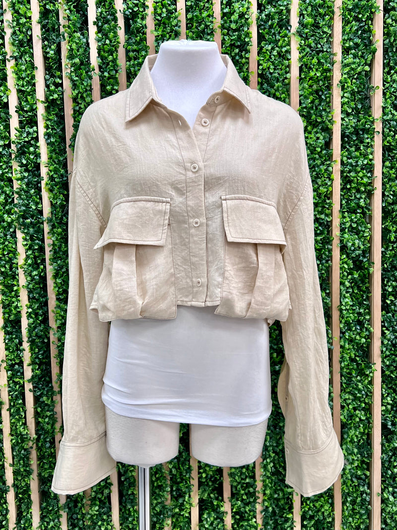 Natural Pocket Detail Button Down Blouse