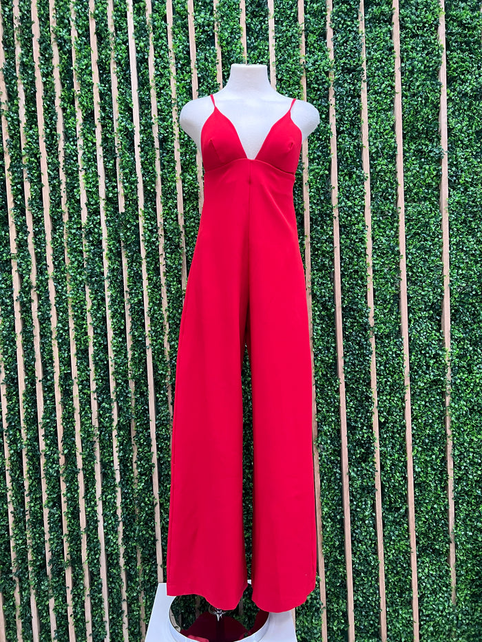 Beautiful Belted Red V Neck Jumpsuit