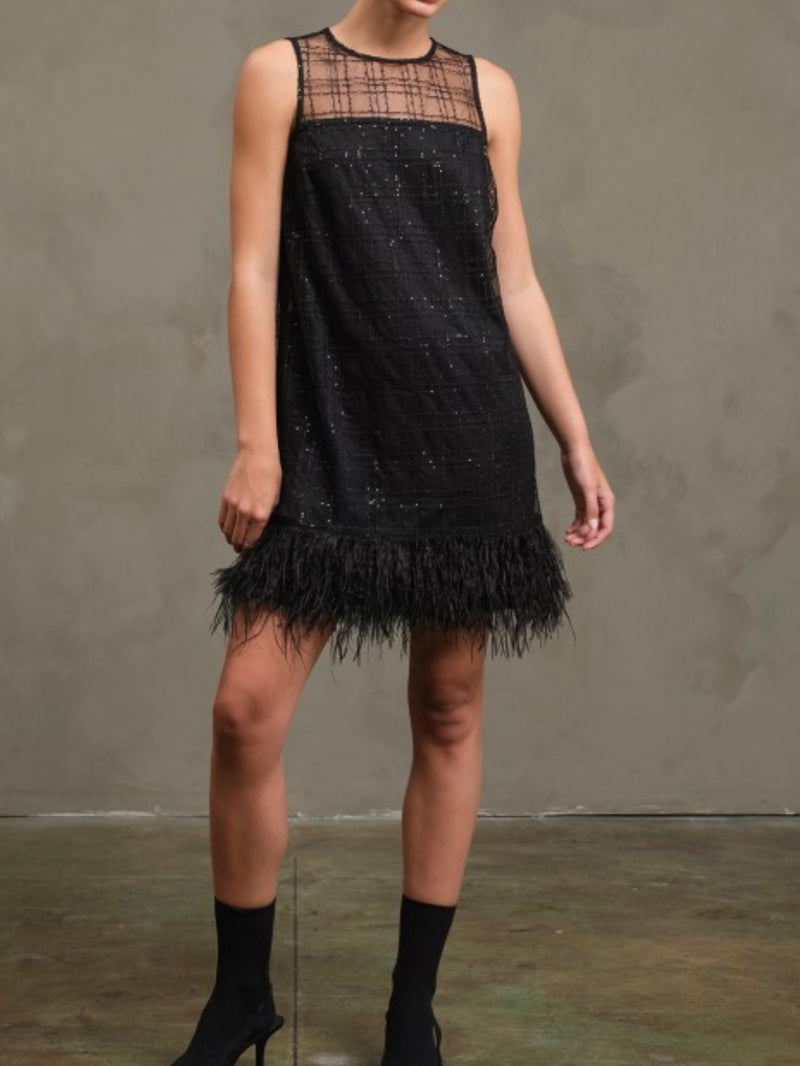 Black Feather Tweed Party Dress