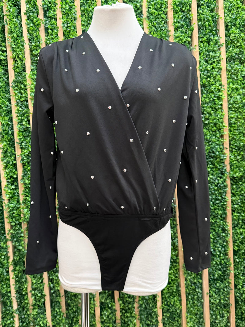 Stud Detail Long Sleeve V Neck Bodysuit
