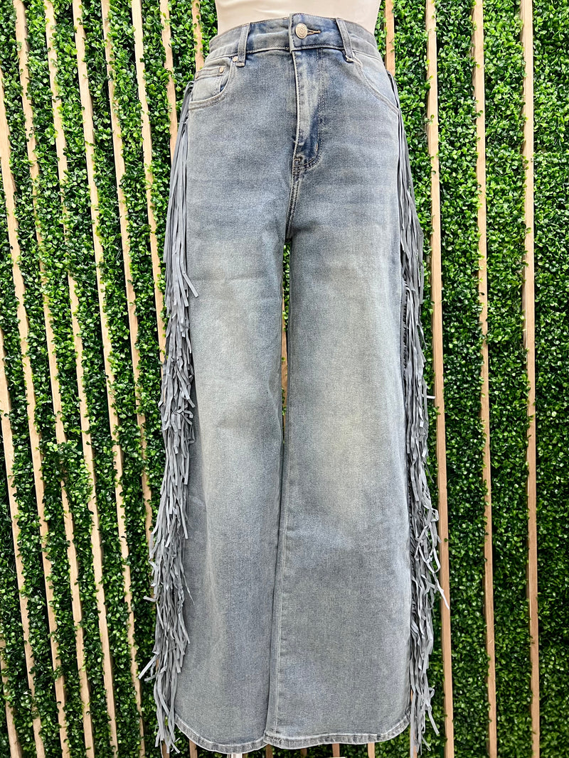 Side Denim Fringe Wide Leg Denim