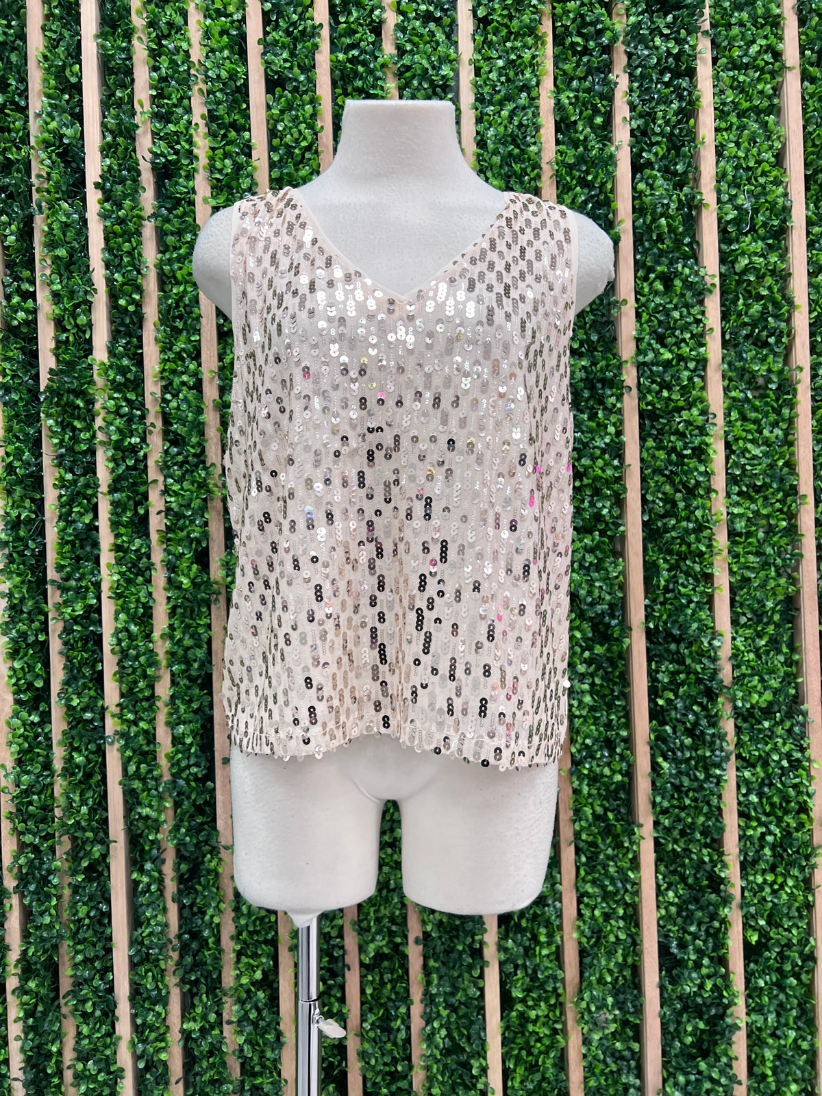 Champagne Sequin V Neck Top