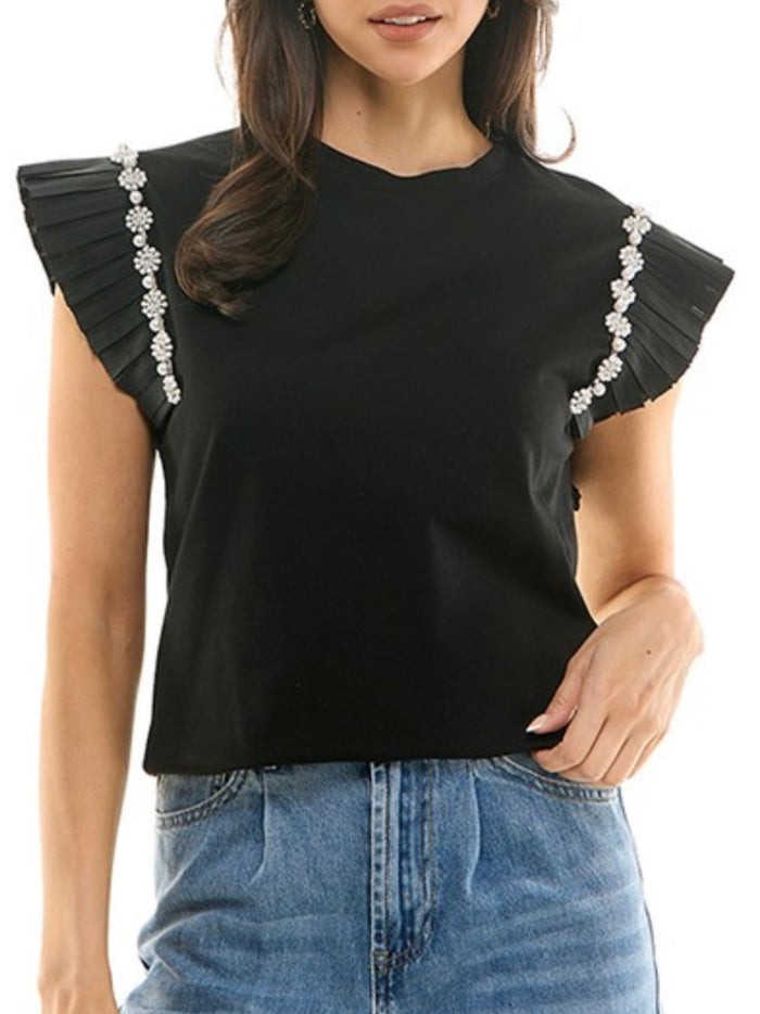 Black Pearl Flower Trim Angel Sleeve Top