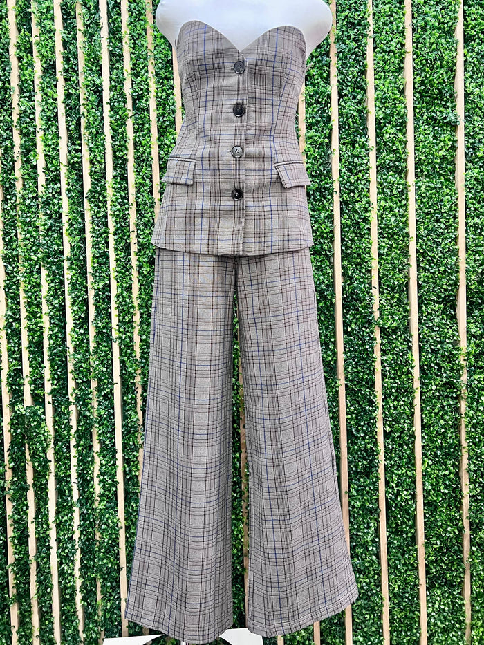 Brown Blue Plaid Wide Leg Pant