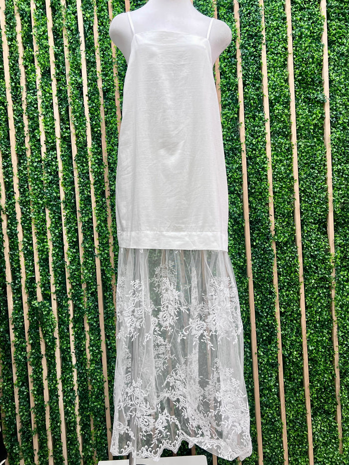 White Linen Maxi Dress With Contrast Lace Skirt