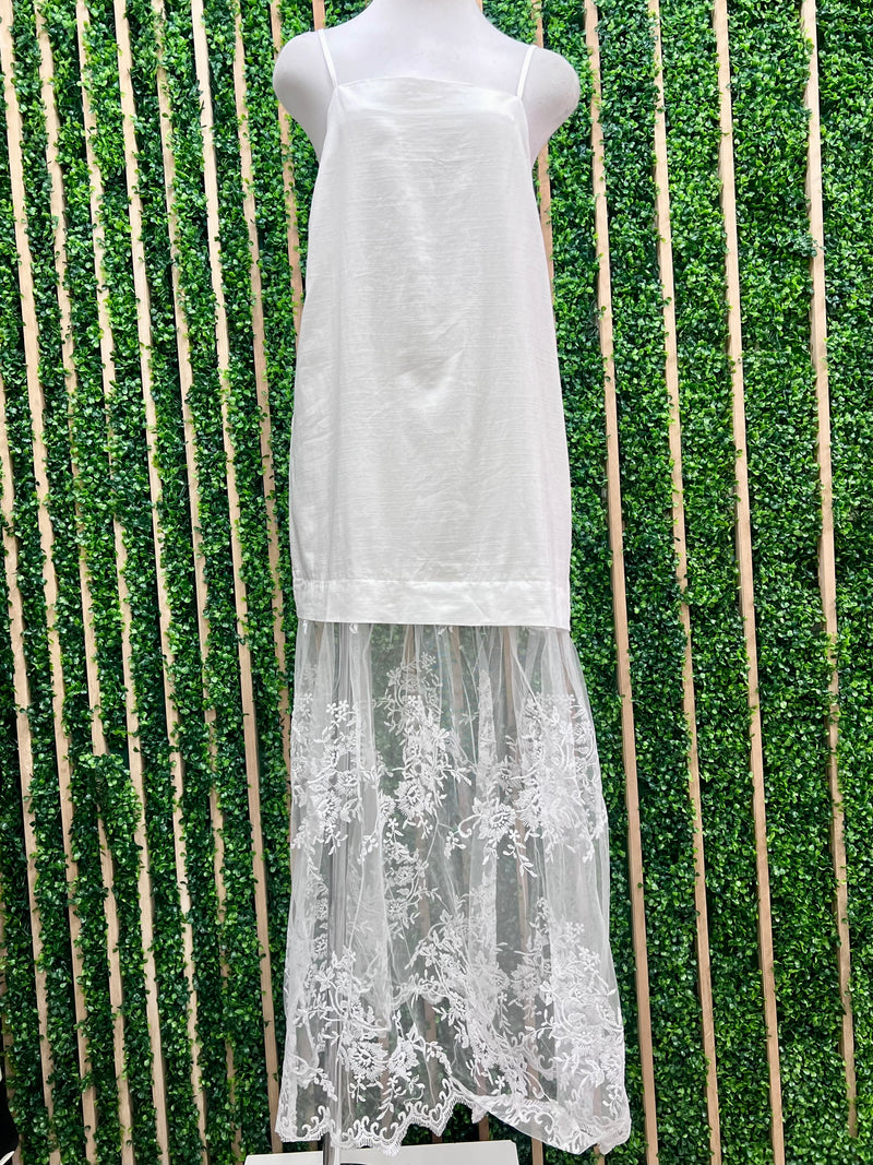 White Linen Maxi Dress With Contrast Lace Skirt