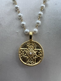 WD Rosary Pearl Adorned Cross Coin Necklace