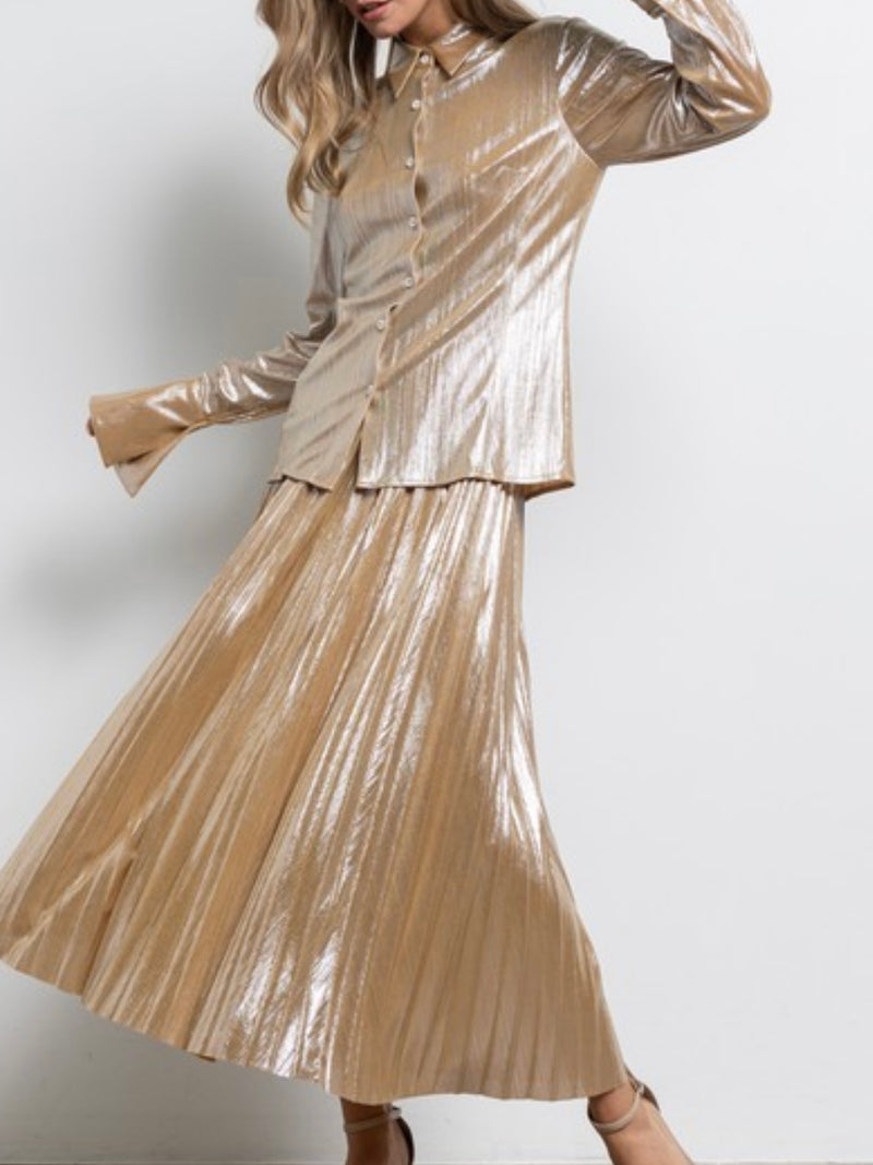 Iridescent Pleated Midi Skirt