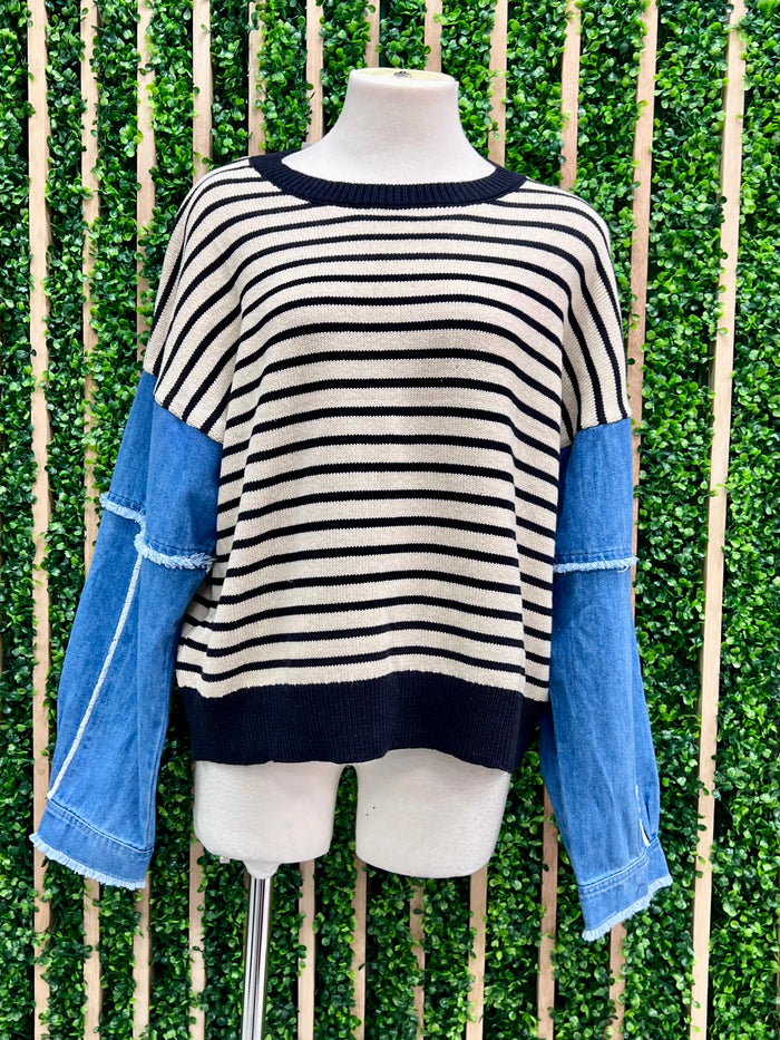 Denim Contrast Striped Sweater