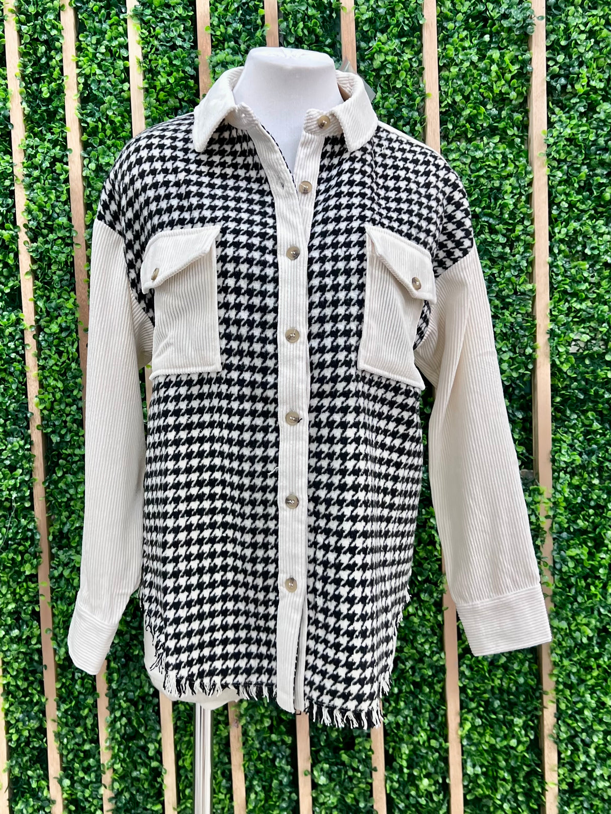 Black Houndstooth Collared Button Down Blouse