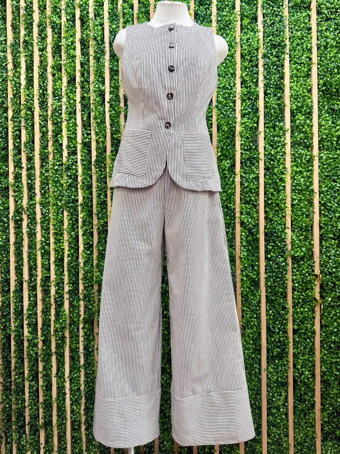 Ivory Navy Striped Wide-Leg Pants