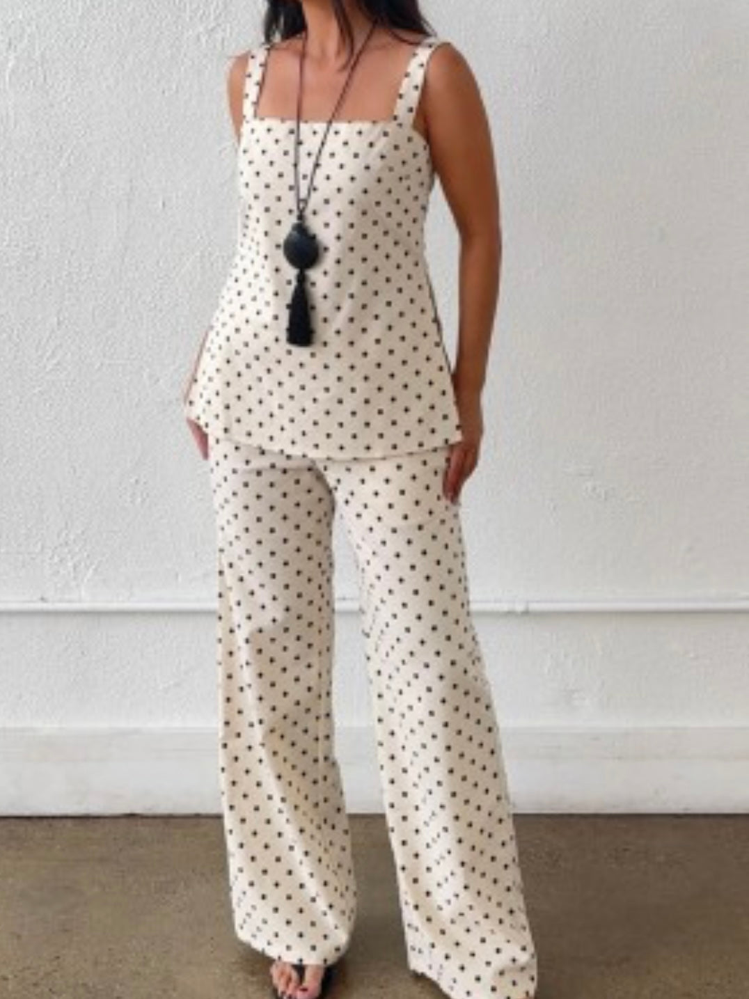 Ivory Black Polka Dot Linen Blend Tank Top
